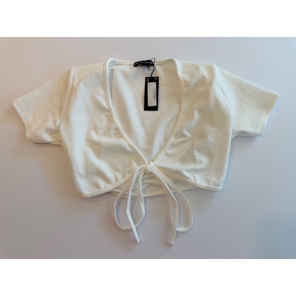 PrettyLittleThing White Textured Jersey Tie Front Crop Top Size 6